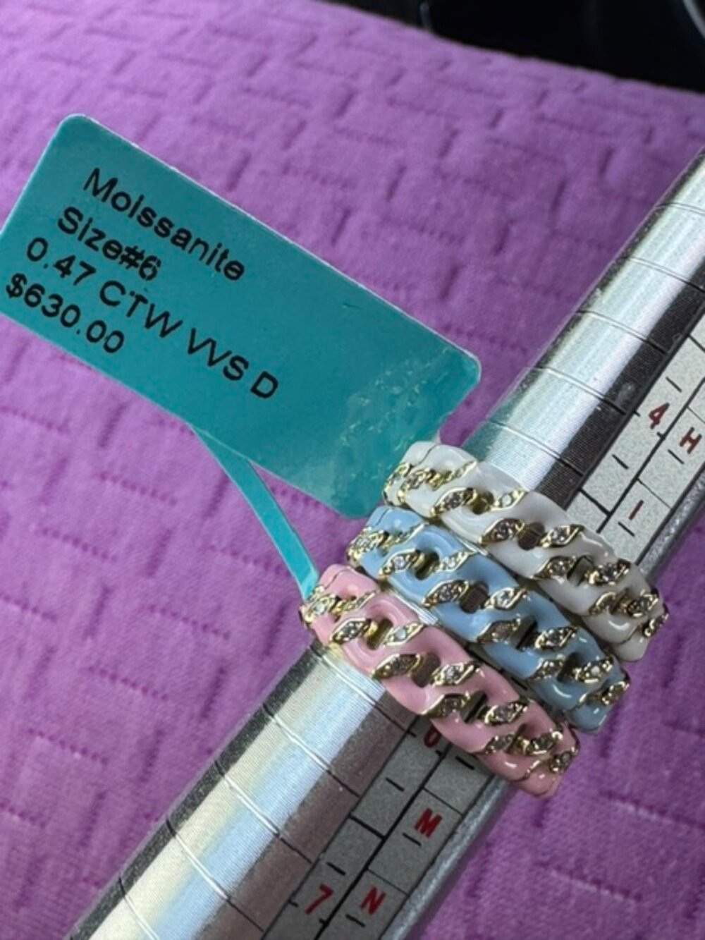 18K Gold Filled Moissanite Ring Bands (Set of 3) with Pastel Enamel - Size 6 NWT